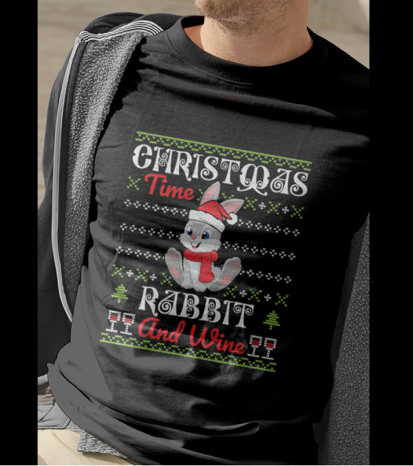 Christmas Time Rabbit And Wine With Santa Hat T-Shirt