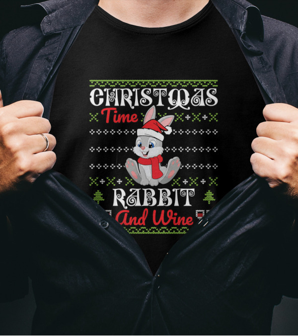 Christmas Time Rabbit And Wine With Santa Hat T-Shirt