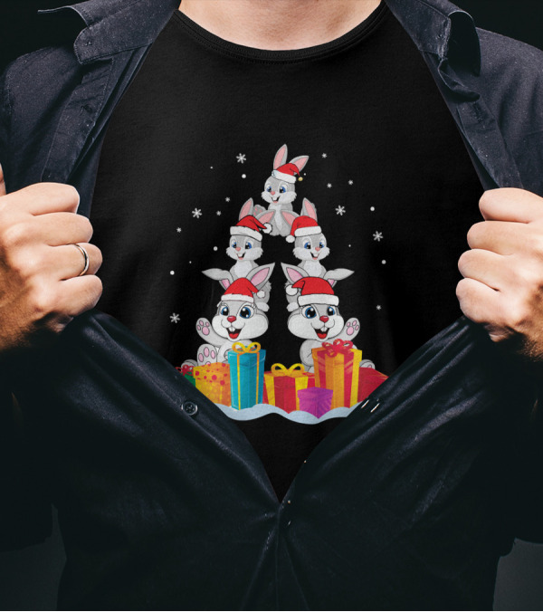 Rabbit Noel Hat Xmas Presents Snowflakes T-Shirt