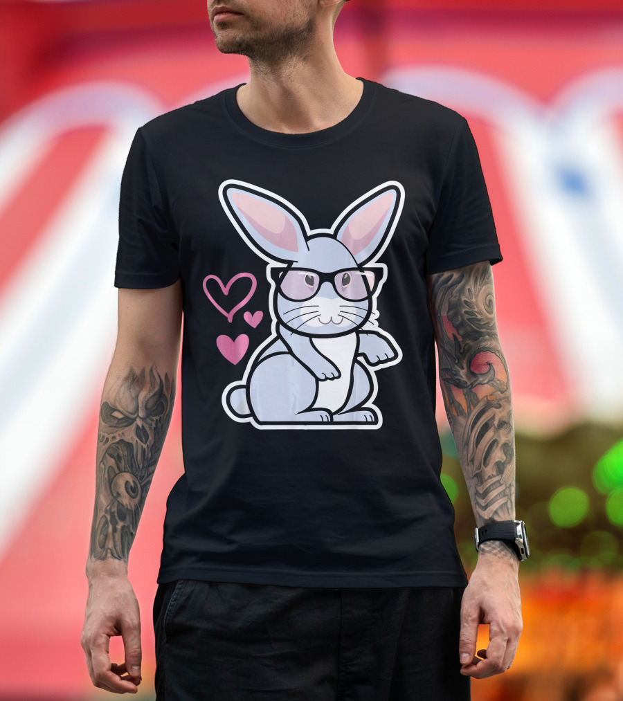 Nerdy Rabbit in Glasses with Pink Hearts T-Shirt