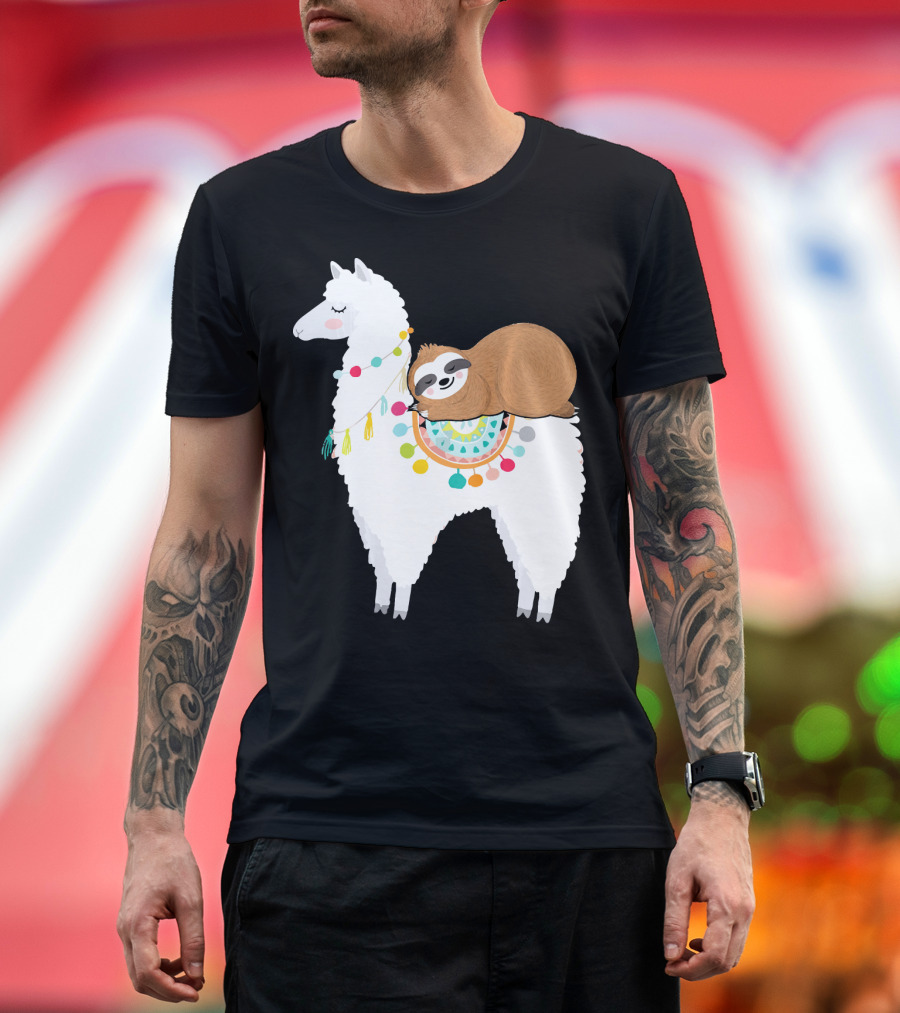 Sloth Cute Sleeping Sloth On Colorful Llama T-Shirt
