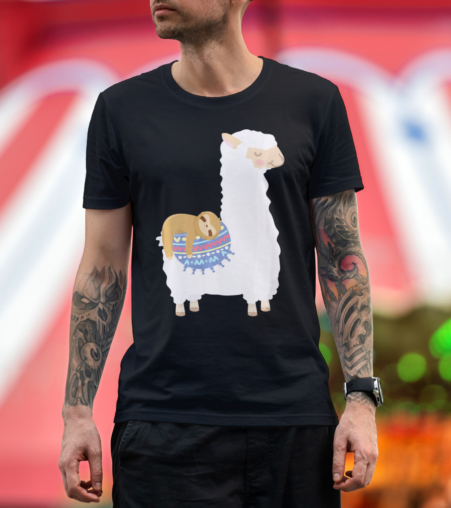 Sloth Sleeping on Colorful Blanket on White Llama Alpaca T-Shirt