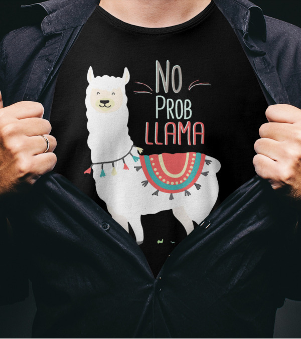 No Prob Llama Whimsical Alpaca With Colorful Blanket And Cactus T-Shirt