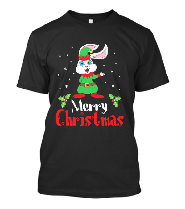 Merry Christmas Rabbit In Elf Costume With Snowflakes And Holly T-Shirt