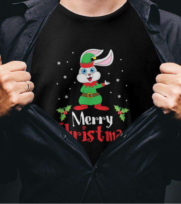 Merry Christmas Rabbit In Elf Costume With Snowflakes And Holly T-Shirt