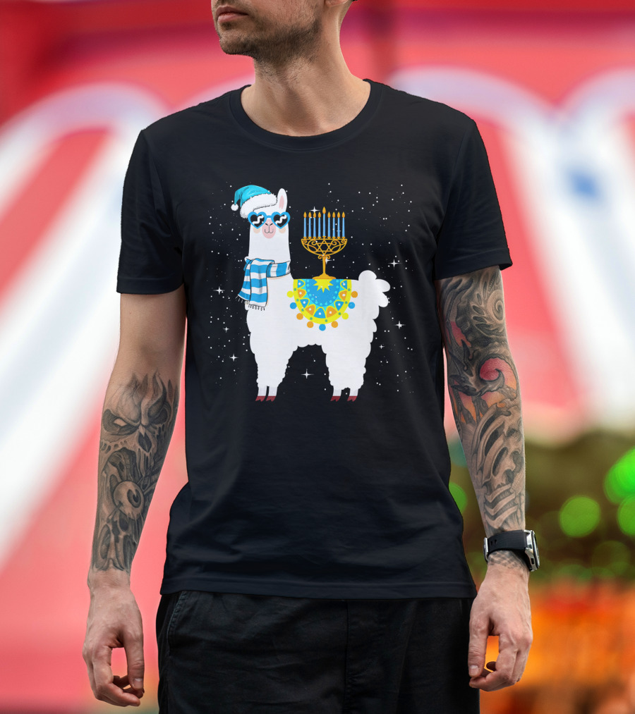 Menorah Hanukkah Llama with Scarf and Hat T-Shirt