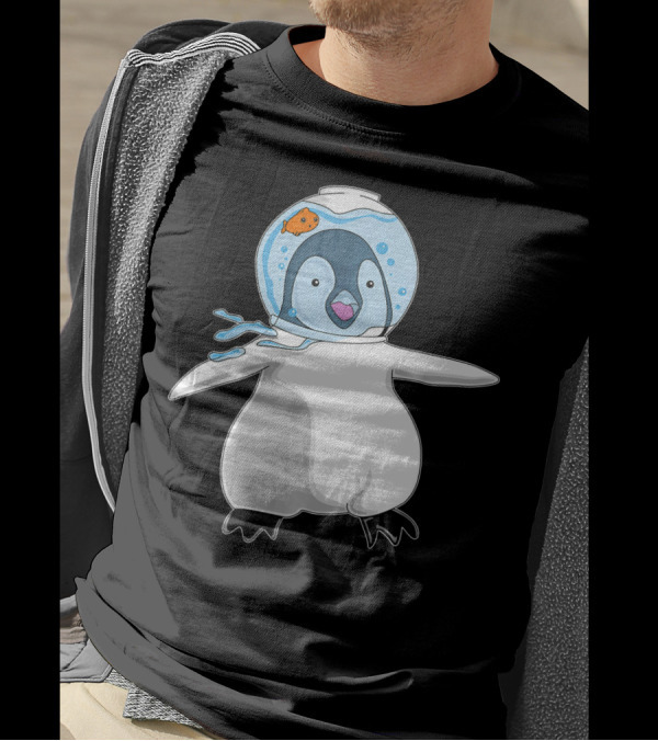 Penguin Wearing Goldfish Bowl Helmet In Space Adventure T-Shirt
