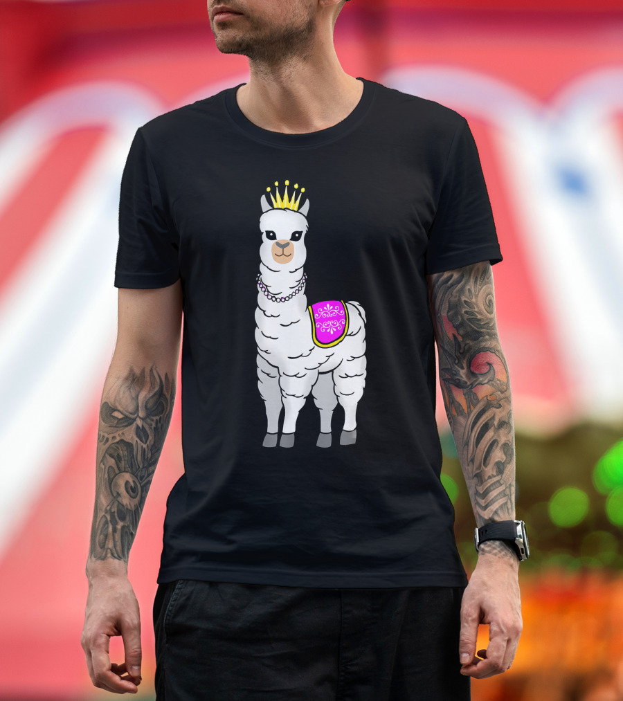 White Llama Alpaca Princess with Crown and Pearls T-Shirt