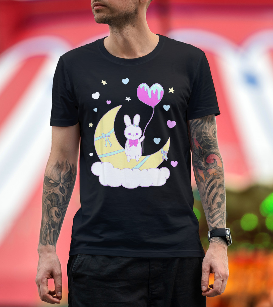 Yume Kawaii Fashion Nu Goth Bunny on Moon with Heart Balloon and Stars T-Shirt