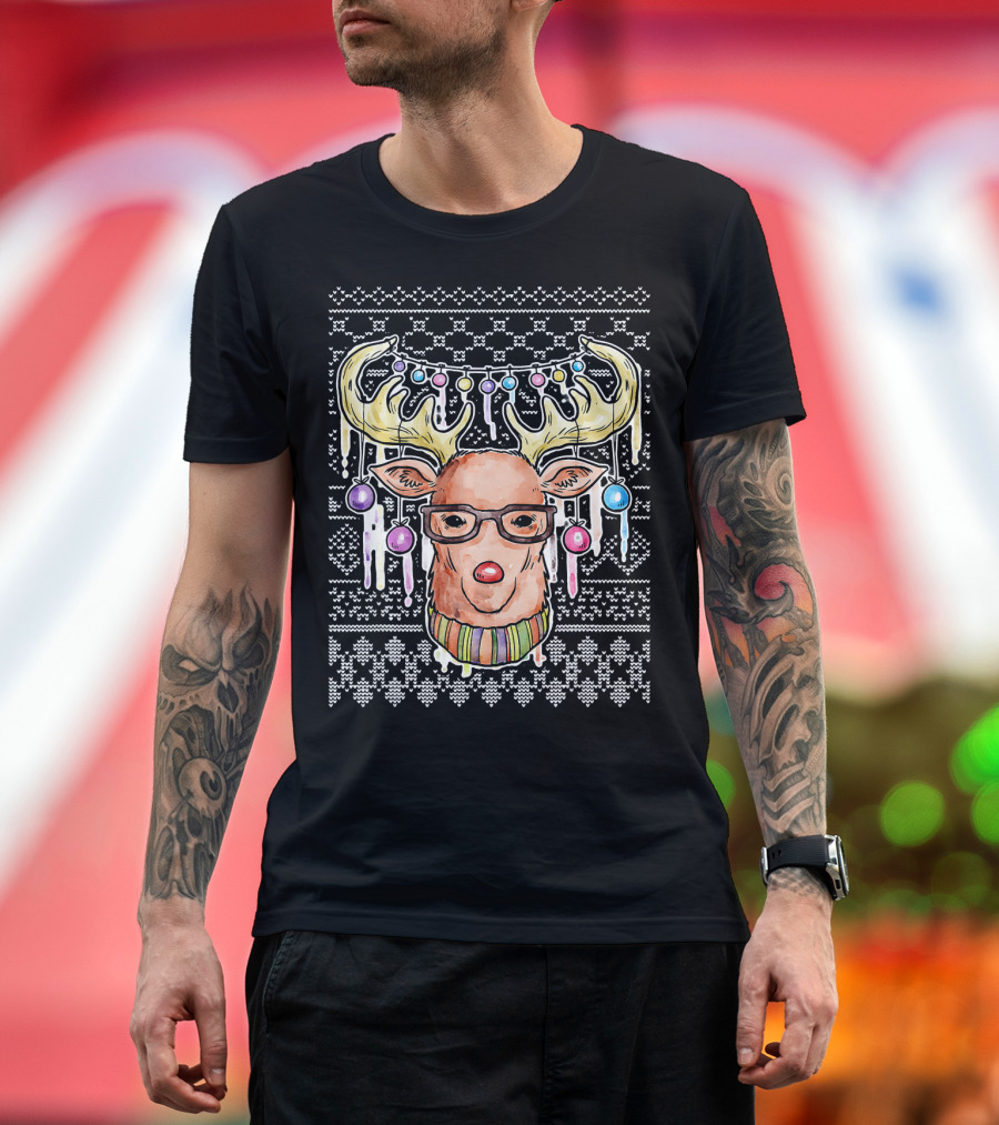 Funny Deer Ugly Christmas with Glasses and Santa Hat T-Shirt