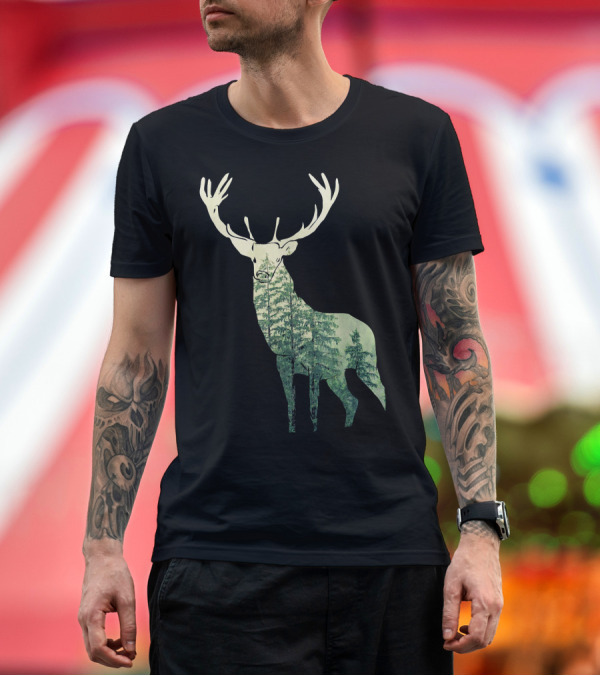 Premium T-Shirt: Deer Forest Double Exposure T-Shirt Deer Forest Double Exposure T-Shirt