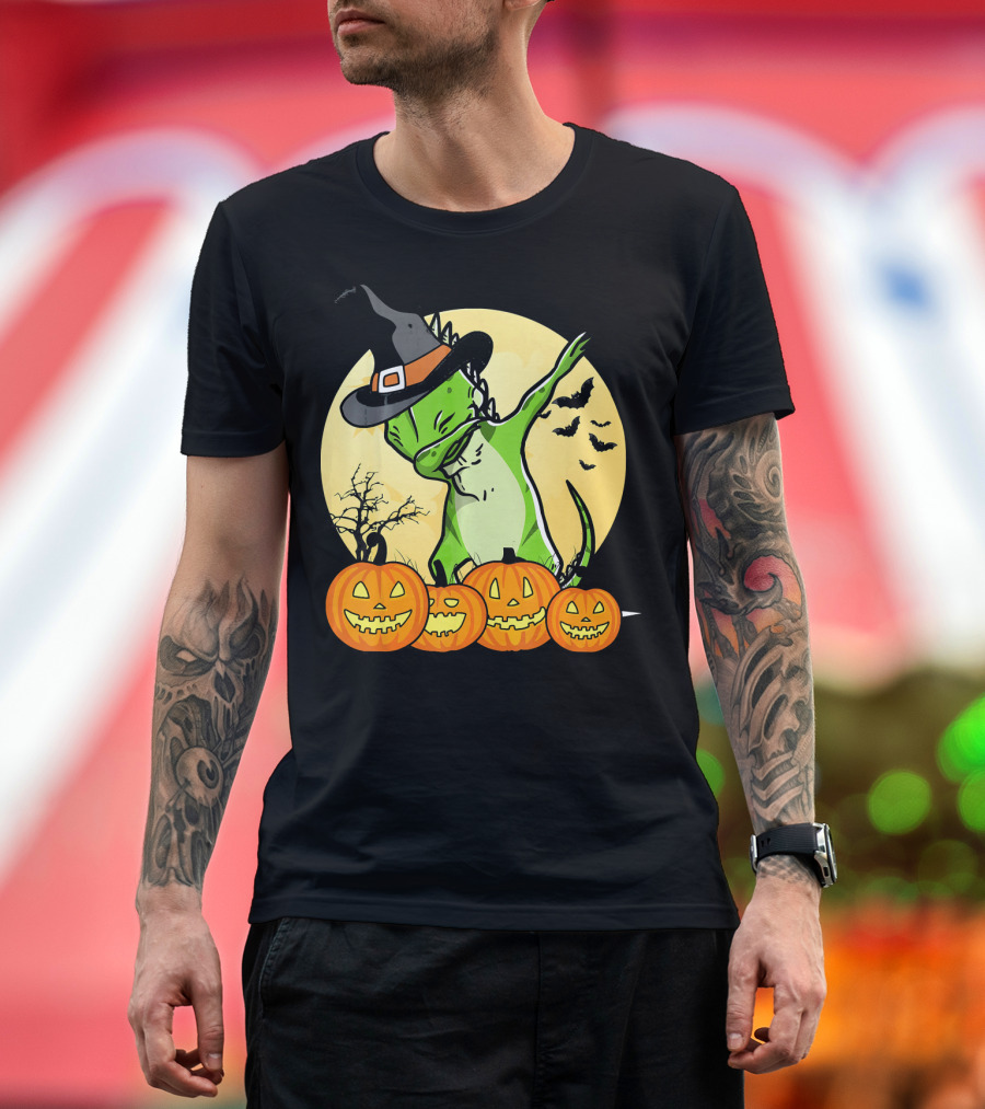 Dabbing Iguana Witch Hat Halloween Pumpkins Bats Dance Funny Pet T-Shirt