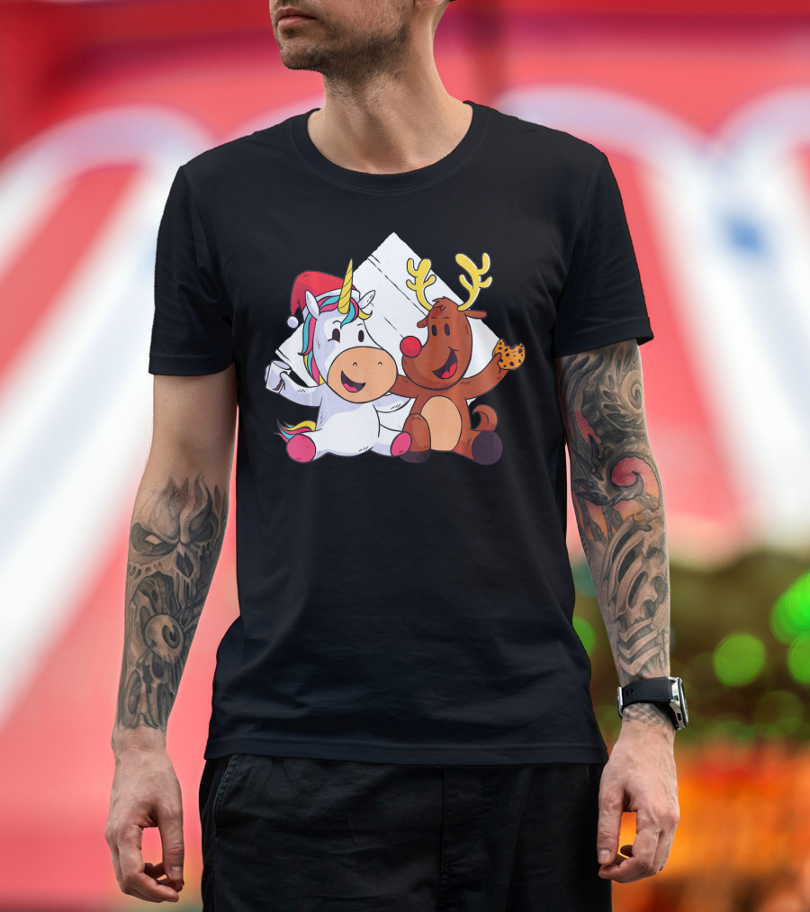Christmas Unicorn and Reindeer Enjoying Cookie Together T-Shirt