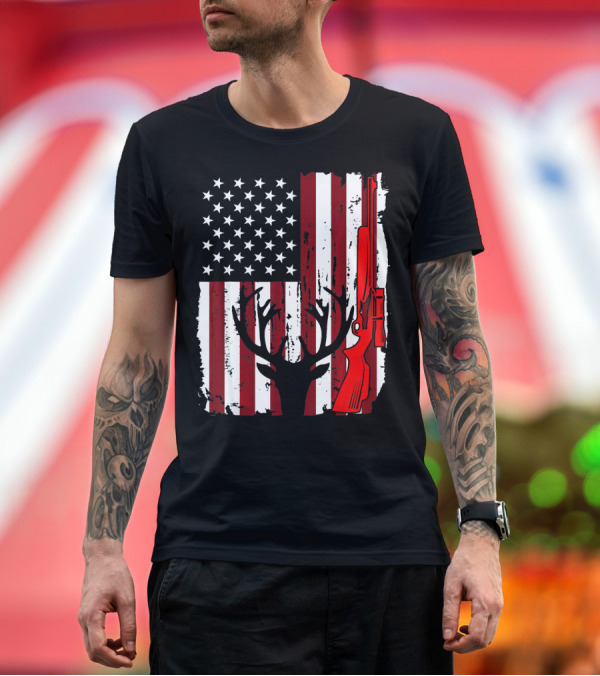 Premium T-Shirt: Deer Hunting American Flag Antlers and Rifle 4th of July USA T-Shirt Deer Hunting American Flag Antlers and Rifle 4th of July USA T-Shirt