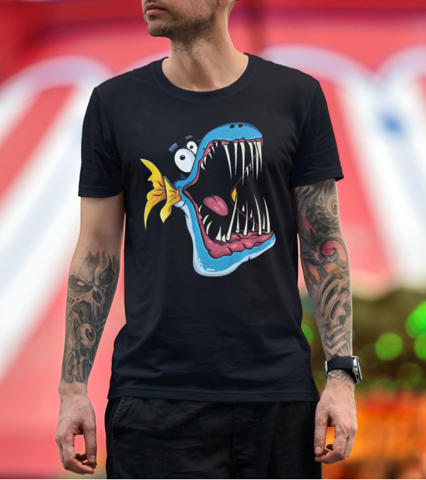 Premium T-Shirt: Cartoon Piranha with Wide Open Mouth and Yellow Fish Tail T-Shirt Cartoon Piranha with Wide Open Mouth and Yellow Fish Tail T-Shirt