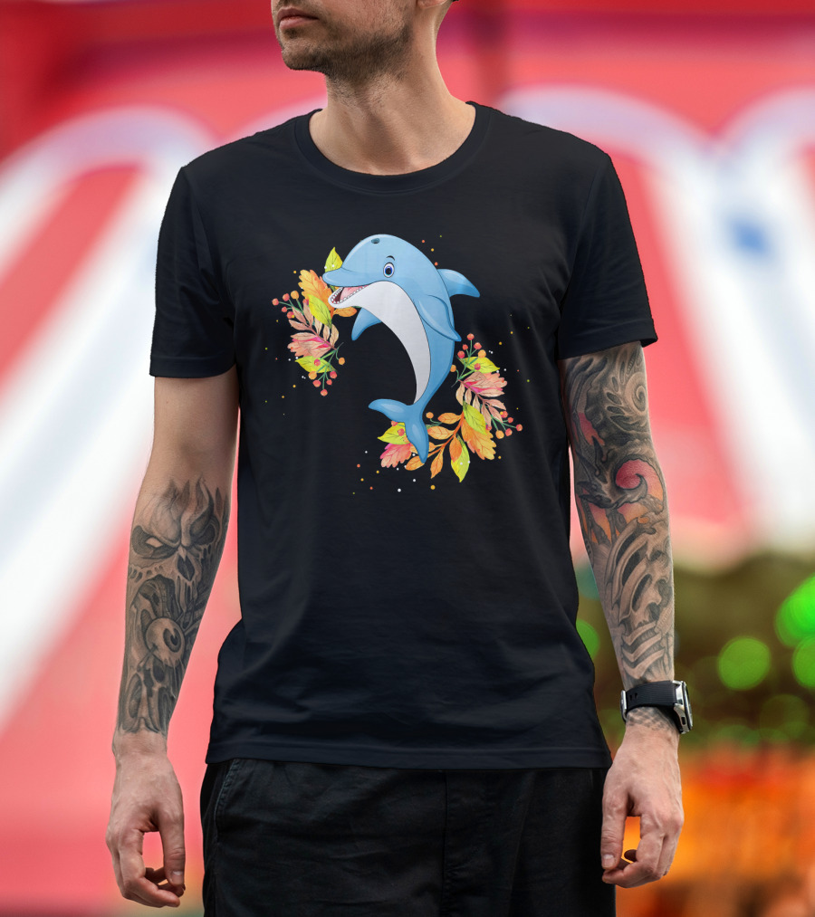 Cute Dolphin with Autumn Leaves Circle T-Shirt