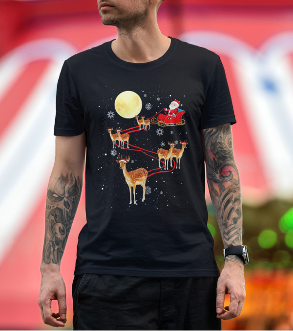 Premium T-Shirt: Santa Sleigh with Reindeer under Full Moon and Snowflakes Christmas Fun T-Shirt Santa Sleigh with Reindeer under Full Moon and Snowflakes Christmas Fun T-Shirt