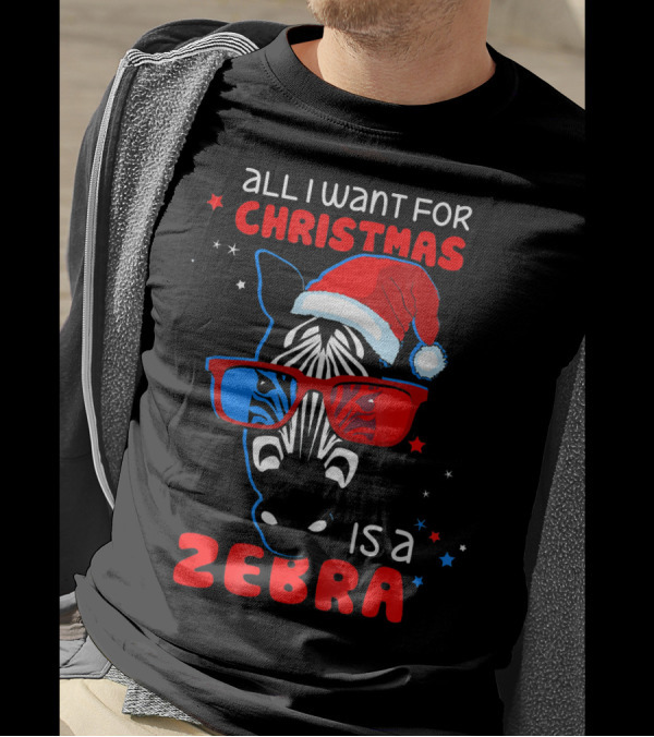 All I Want For Christmas Is A Zebra Wearing Santa Hat And 3D Glasses T-Shirt