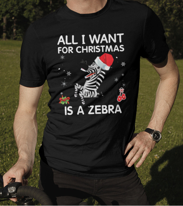 ALL I WANT FOR CHRISTMAS IS A ZEBRA SANTA HAT HOLLY SNOWFLAKES T-Shirt