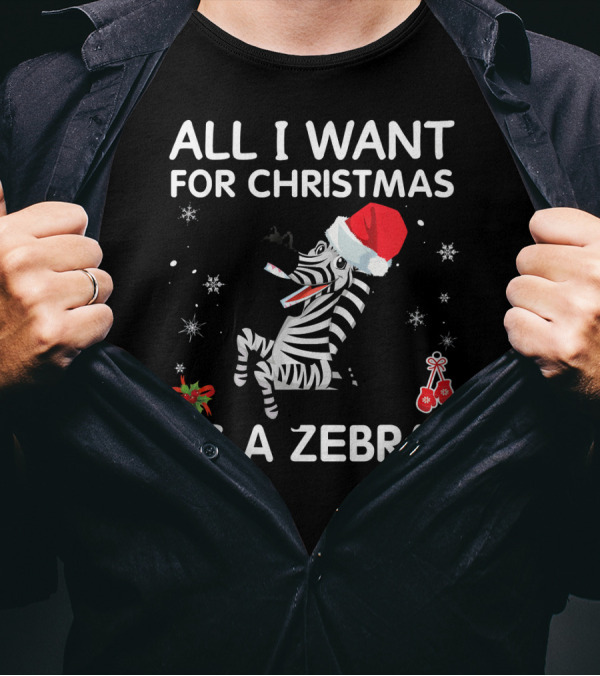 ALL I WANT FOR CHRISTMAS IS A ZEBRA SANTA HAT HOLLY SNOWFLAKES T-Shirt