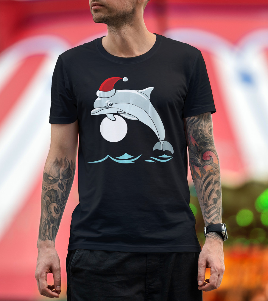 Dolphin Merry Christmas Santa Hat Ocean Play T-Shirt