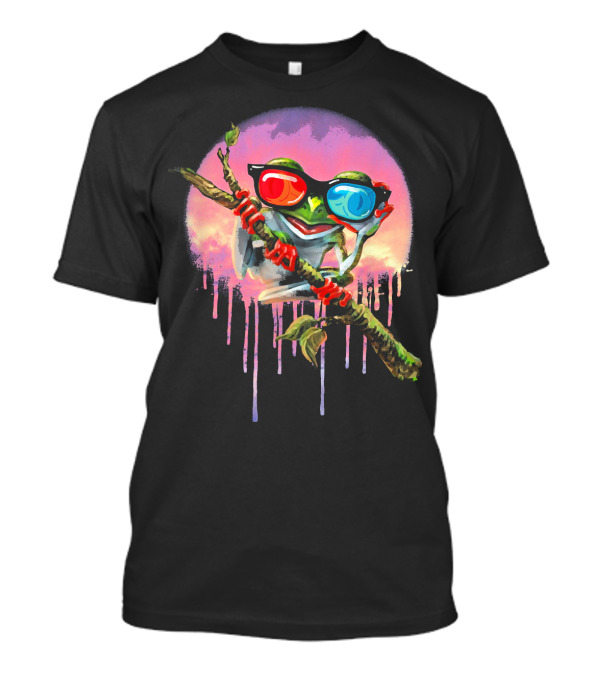 MudgeWare Tree Frog With 3D Glasses On Branch With Colorful Background T-Shirt