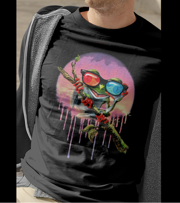 MudgeWare Tree Frog With 3D Glasses On Branch With Colorful Background T-Shirt