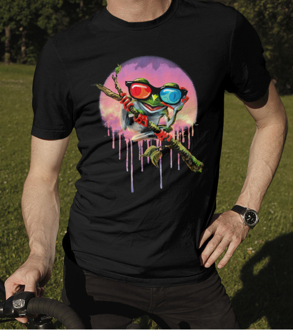 MudgeWare Tree Frog With 3D Glasses On Branch With Colorful Background T-Shirt