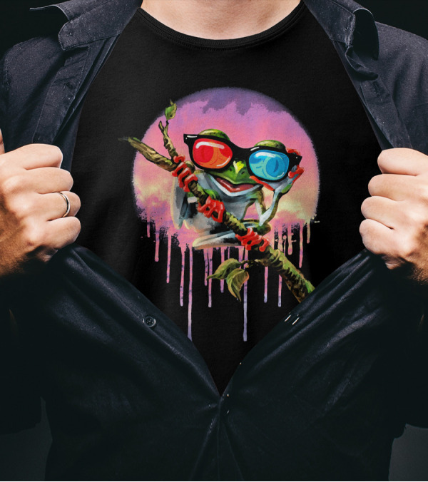 MudgeWare Tree Frog With 3D Glasses On Branch With Colorful Background T-Shirt