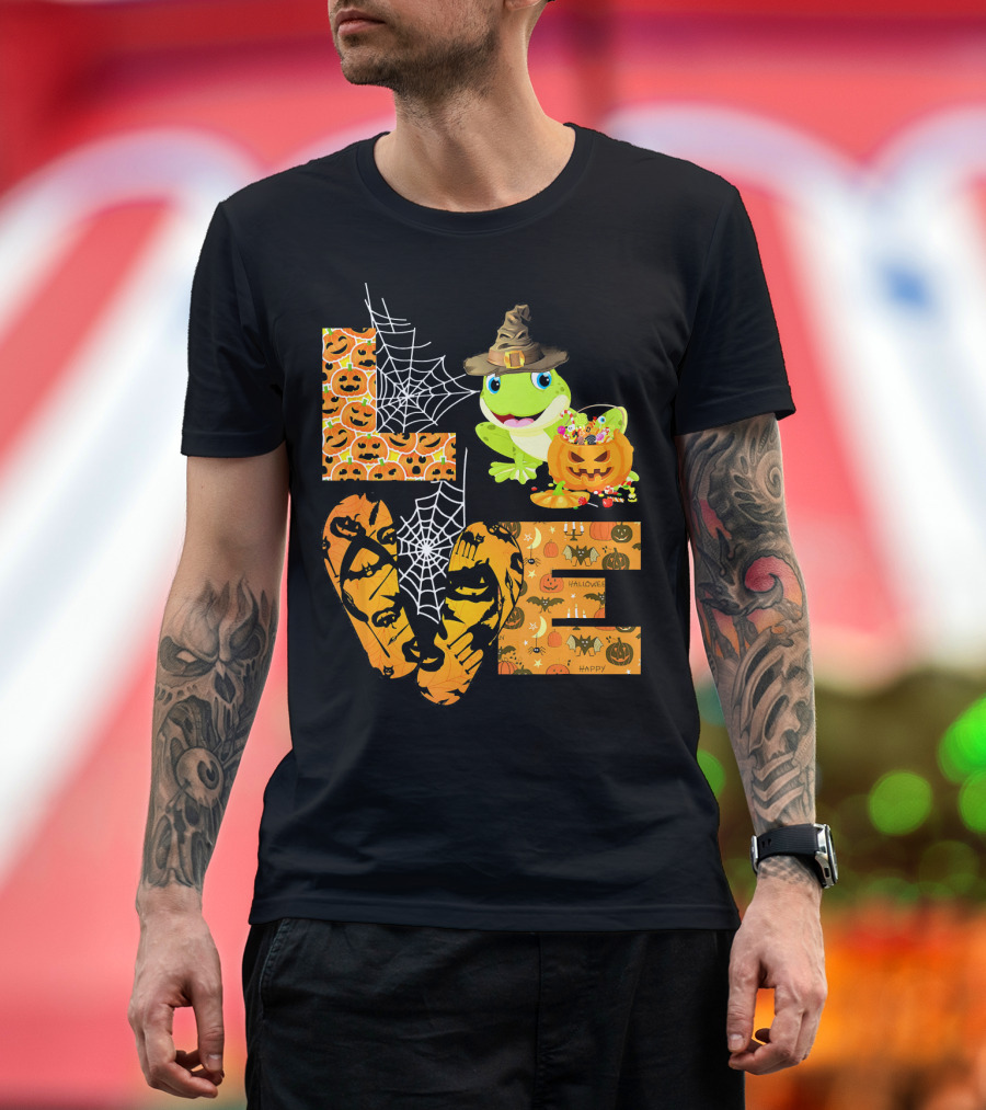 LOVE Halloween Frog Pumpkin with Spiderwebs and Witch Hat T-Shirt
