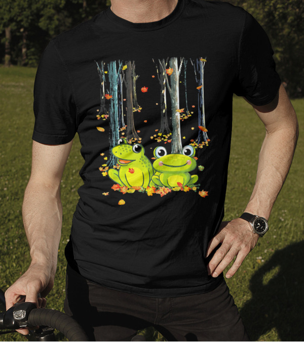 Frogs In Fall Forest With Maple Leaves Hello Autumn T-Shirt