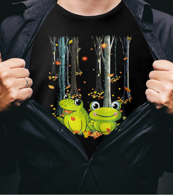 Frogs In Fall Forest With Maple Leaves Hello Autumn T-Shirt