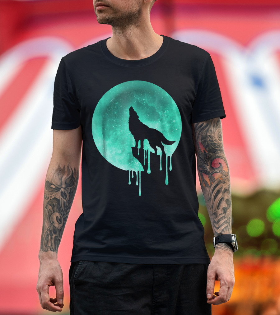 Howling Wolf Dripping Moon Galaxy Space T-Shirt