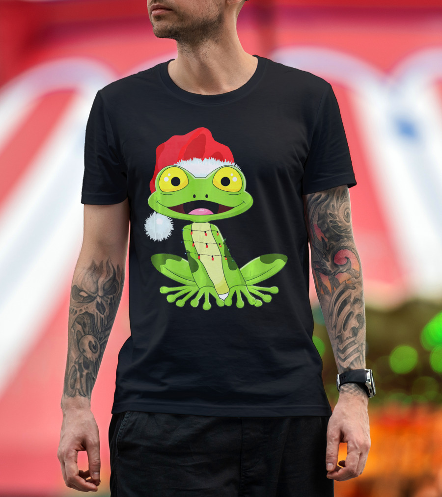 Merry and Bright Frog with Santa Hat and Holiday Lights T-Shirt