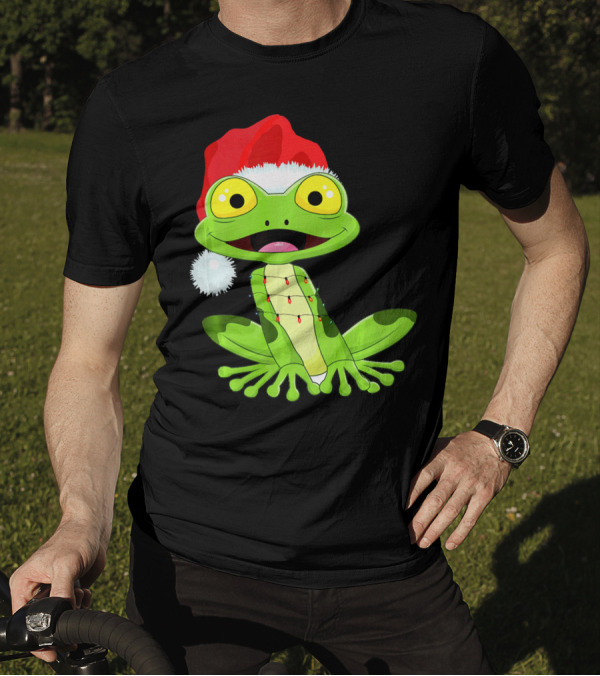Merry And Bright Frog With Santa Hat And Holiday Lights T-Shirt