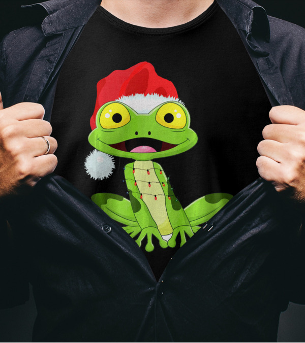 Merry And Bright Frog With Santa Hat And Holiday Lights T-Shirt
