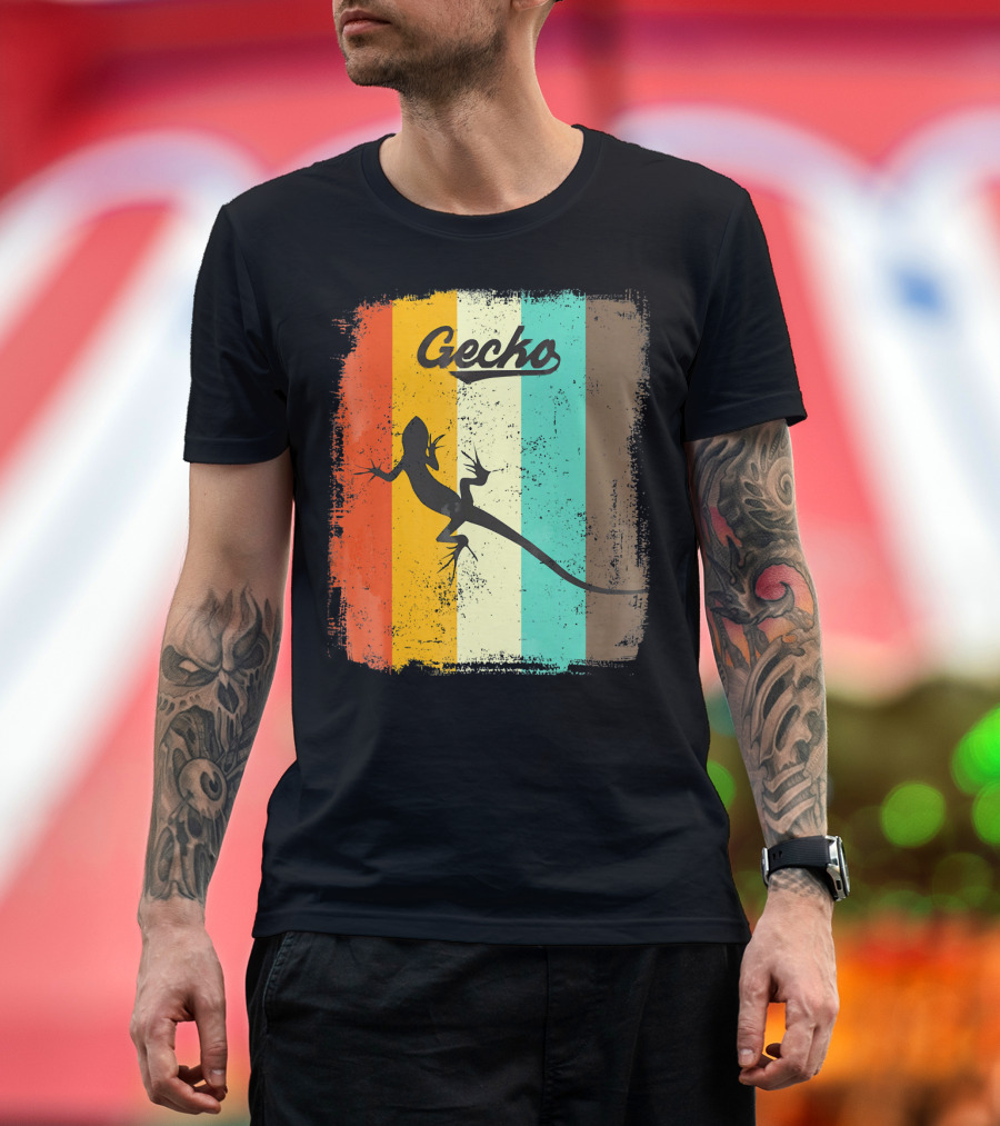 Gecko Lizard Retro 70s Vintage Stripe Print T-Shirt