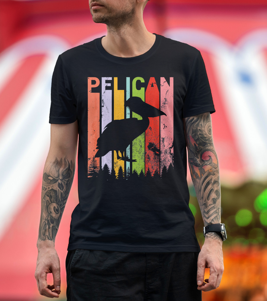 Vintage Retro Pelican Lover Silhouette with Colorful Background T-Shirt