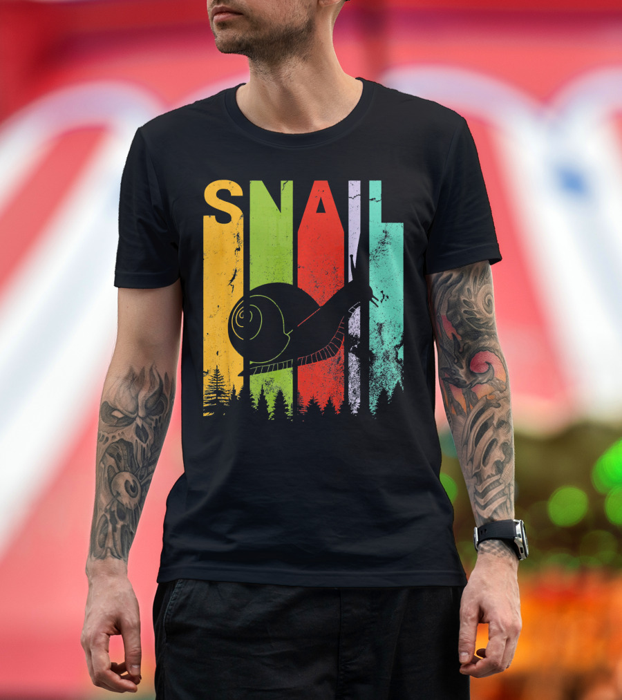 Vintage Retro Snail Lover Silhouette with Colorful Forest Stripes T-Shirt
