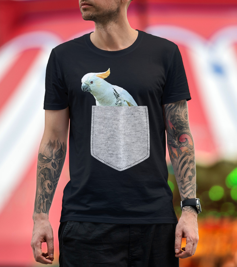 Fake Pocket Cockatoo Bird Peeking Out of Gray Pocket T-Shirt