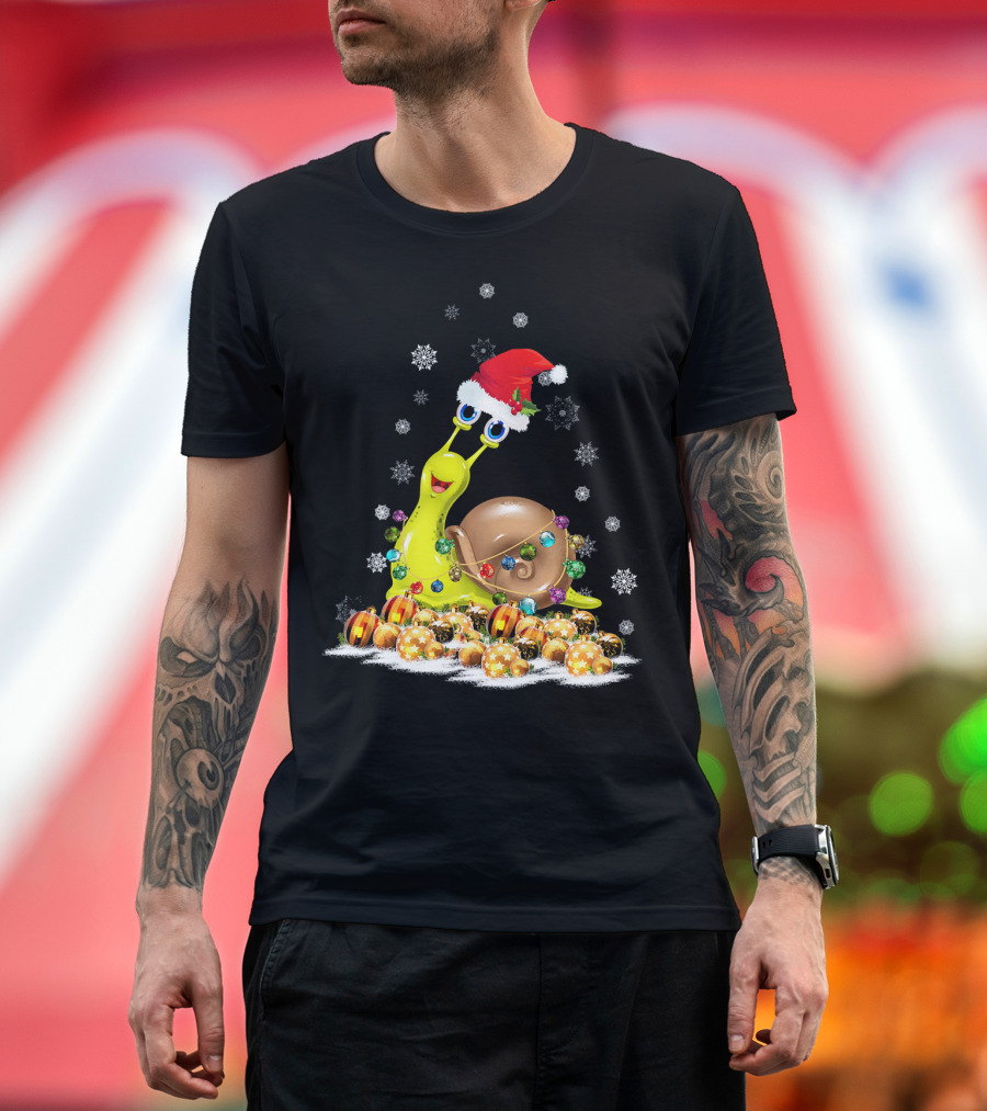 Snail with Christmas Hat and Lights Surrounded by Snowflakes and Ornaments T-Shirt