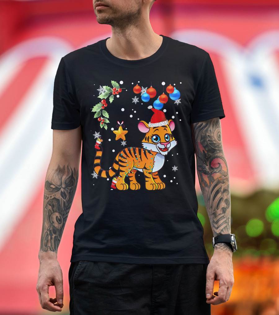Christmas Tiger with Santa Hat and Ornaments T-Shirt