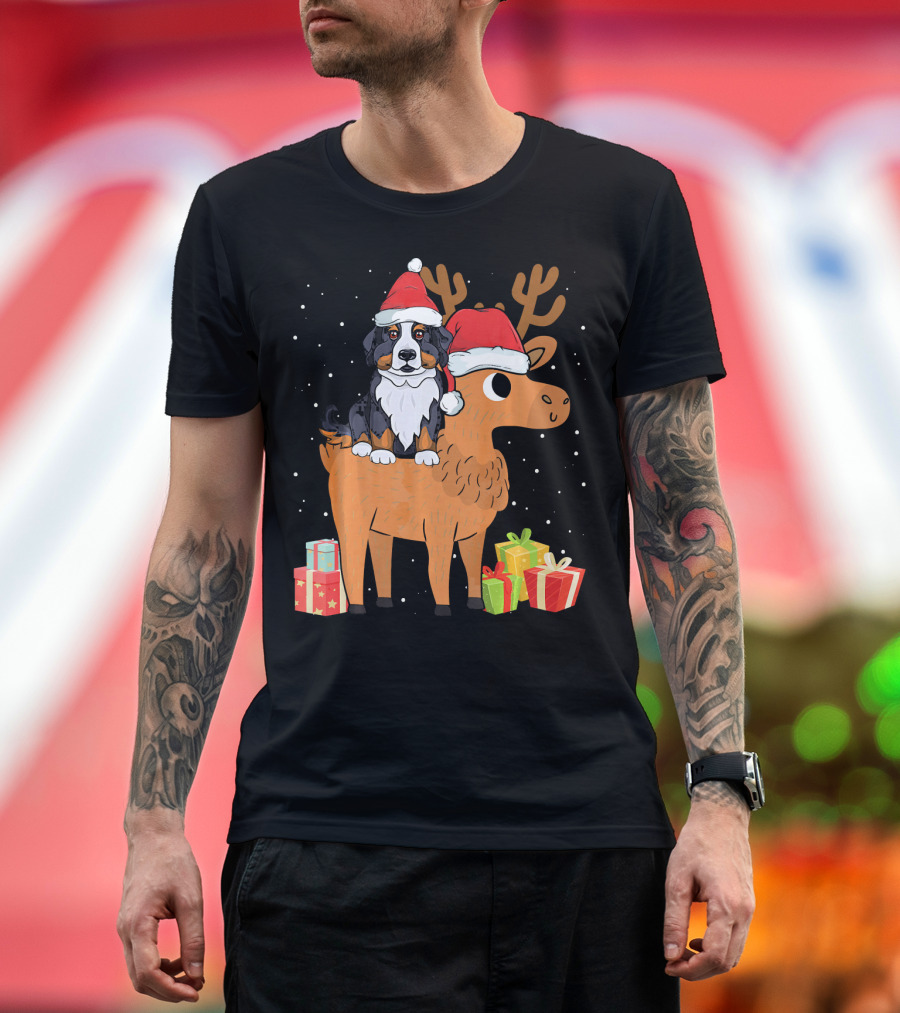 Bernese Mountain Dog Riding Christmas Deer with Gifts T-Shirt