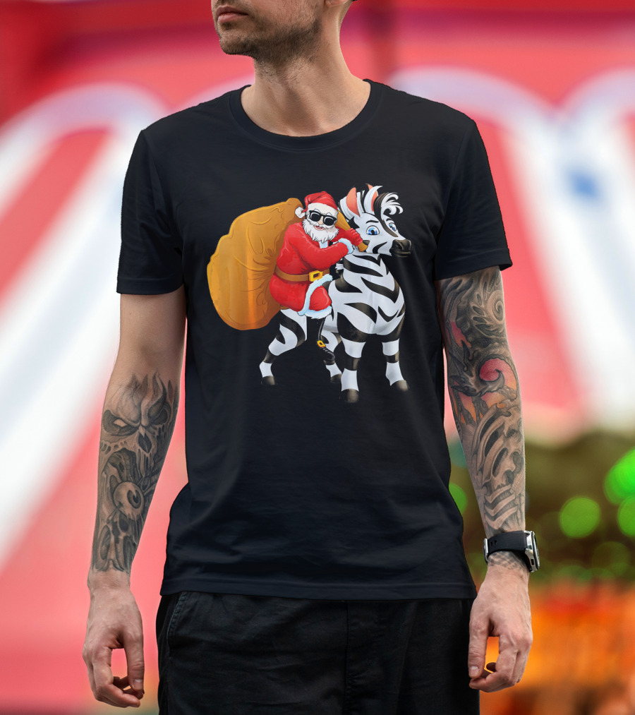 Santa Claus Riding Zebra with Sack and Sunglasses T-Shirt