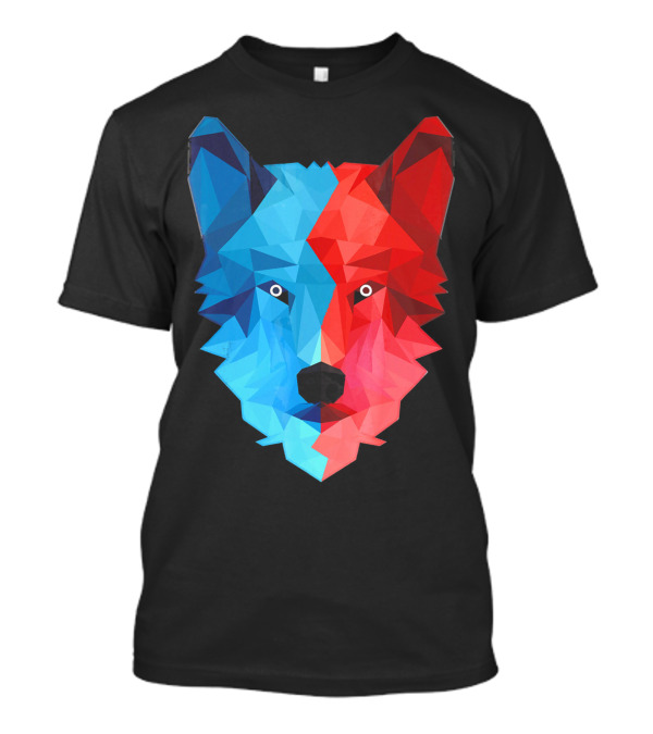 Geometric Wolf Red Blue Triangular T-Shirt