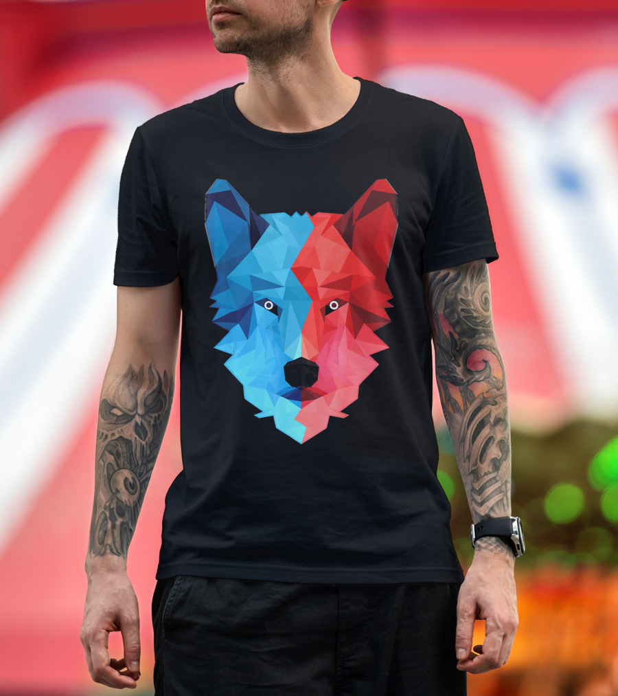 Geometric Wolf Red Blue Triangular T-Shirt