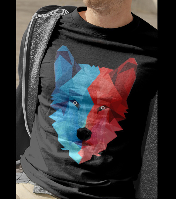 Geometric Wolf Red Blue Triangular T-Shirt