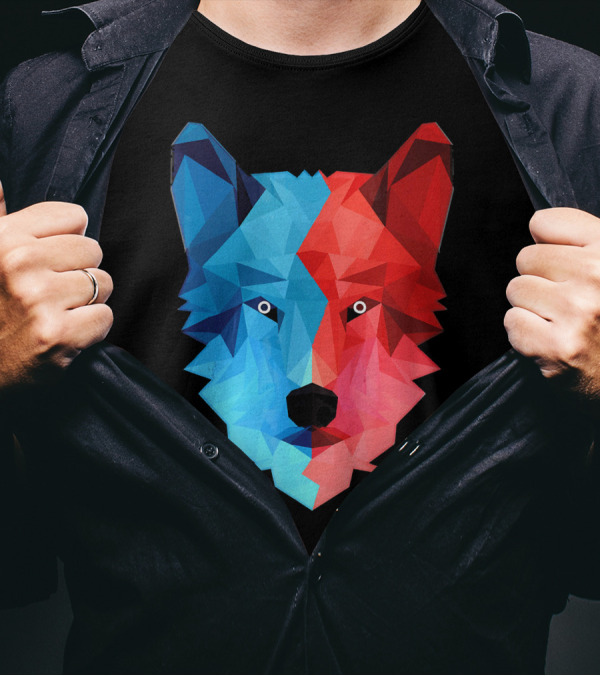 Geometric Wolf Red Blue Triangular T-Shirt
