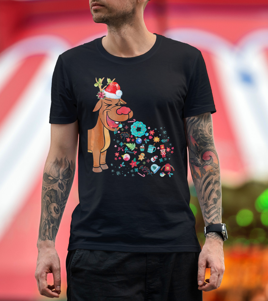 Funny Christmas Reindeer with Santa Hat and Festive Decorations T-Shirt