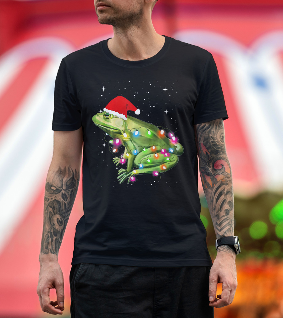 Christmas Frog With Lights and Santa Hat T-Shirt